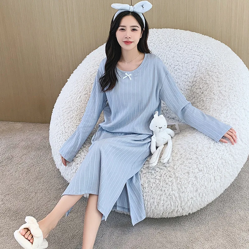 M-4XL Korean Simple Long Sleeve Spring Autumn Nightgowns Women Plus Size Cotton Sleepwear Dress Female Nightwear Night Shirt