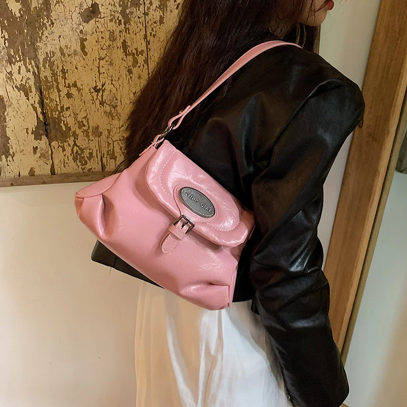 Luxury PU Leather Bucket Bag Retro Women's Handbag Casual One Shoulder Crossbody Bag Texture Pop Pleated Shoulder Bag