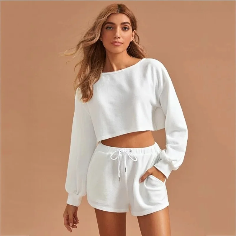 Two Piece Set Summer Pajamas for Women Solid Round Neck Long Sleeve Short Top Sweater Drawstring Shorts Sleepwear Set Woman Pjs