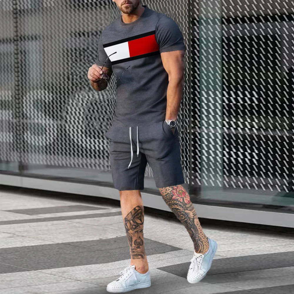 

2023 Summer Men's New 3D Checker Print Simple Retro Fashion Street T-shirt+Shorts Two Piece Set Asian Size XXS-6XL