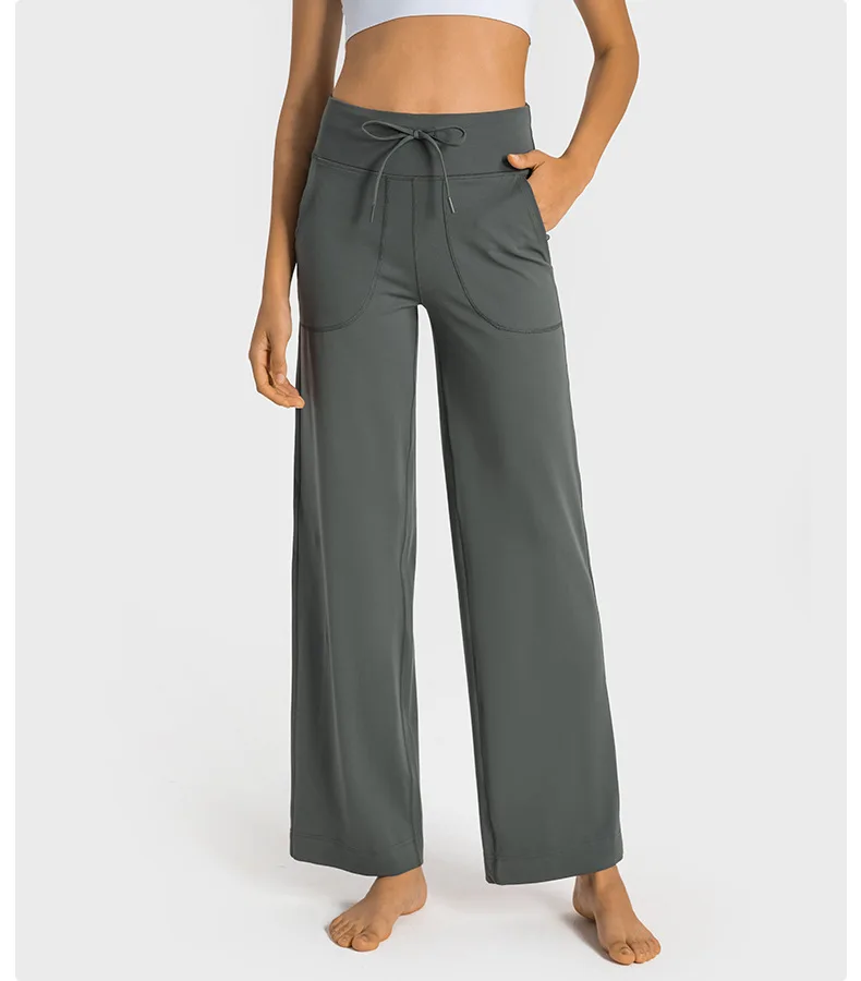 With Logo Wide Leg Pants Throwback Still Women's Loose Yoga High Waist Drawstring Outdoor Casual Jogging Gym Sports Flare Pants