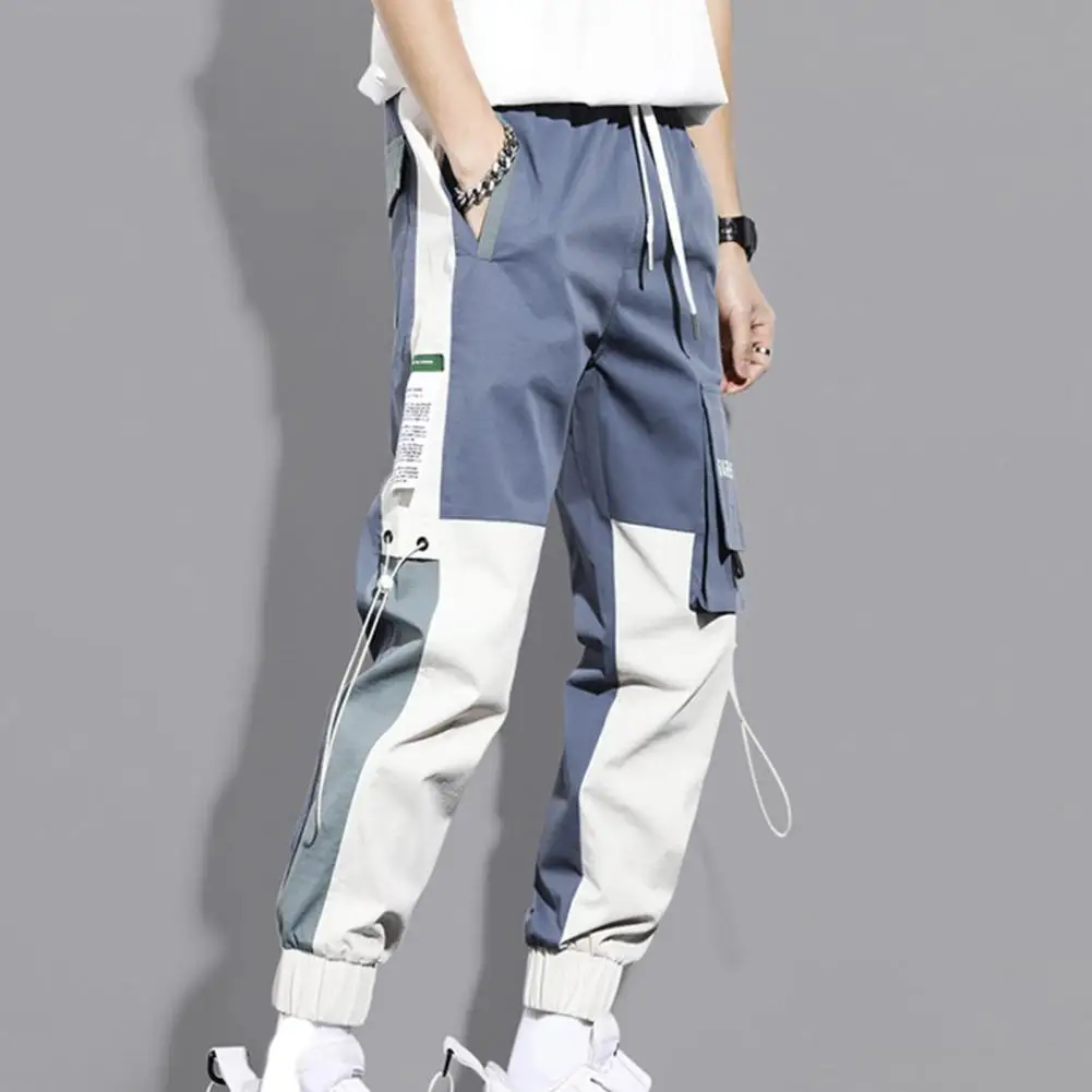 

Men Cargo Pants Color Block Elastic Waist Men Harem Pants Drawstring Ribbons Harem Trousers Loose Fit Ankle Tied Jogging Pants