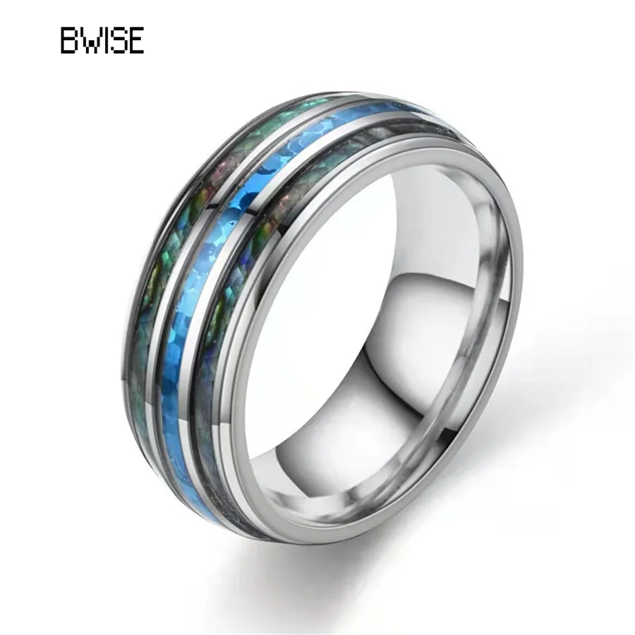 

BWISE Fashion 8mm Silver Color Tungsten Wedding Men Stainless Steel Ring Inlay Abalone Shell Blue Opal Rings Men Wedding Jewelry