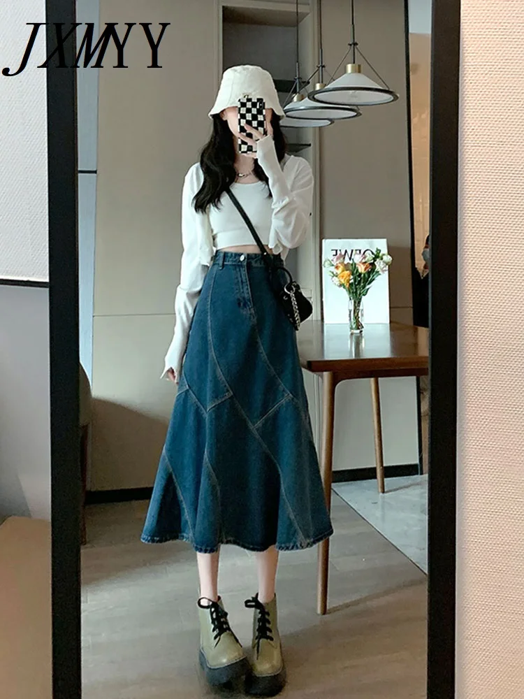 

JXMYY 2022 летняя модная подходящая ко всему юбка-годе дизайнерская свободная длинная юбка А-силуэта джинсовая облегающая юбка с высокой талией...