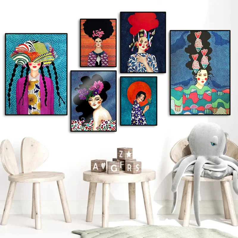 Ful Girl Wall Art Canvas Painting Nordic Poster Flower Hair Cuadros Wall Pictures For Living Room Vintage Decor