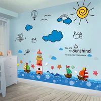 sailboat lighthouse wall stickers diy cartoon clouds sun wall decals for kids room baby bedroom home decoration accessories