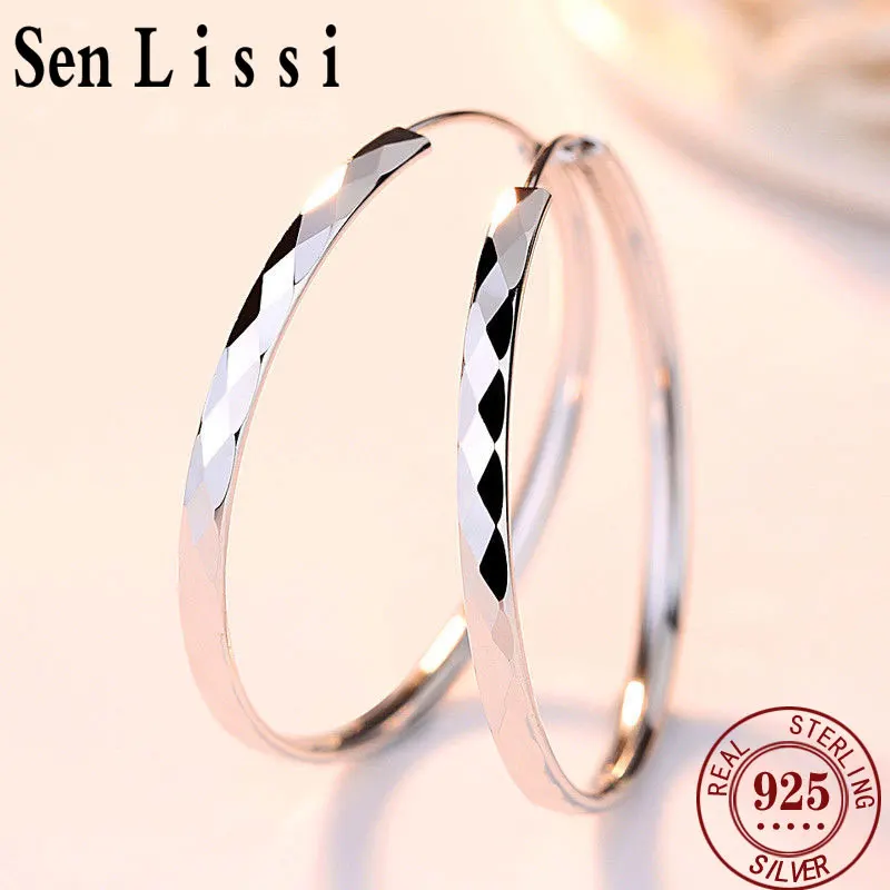 Senlissi - New Collection Women's Hoop Earrings 18k Golden Plated 925 Sterling Silver 3.0mm Fashion Earrings Cерьги Kольца SL001