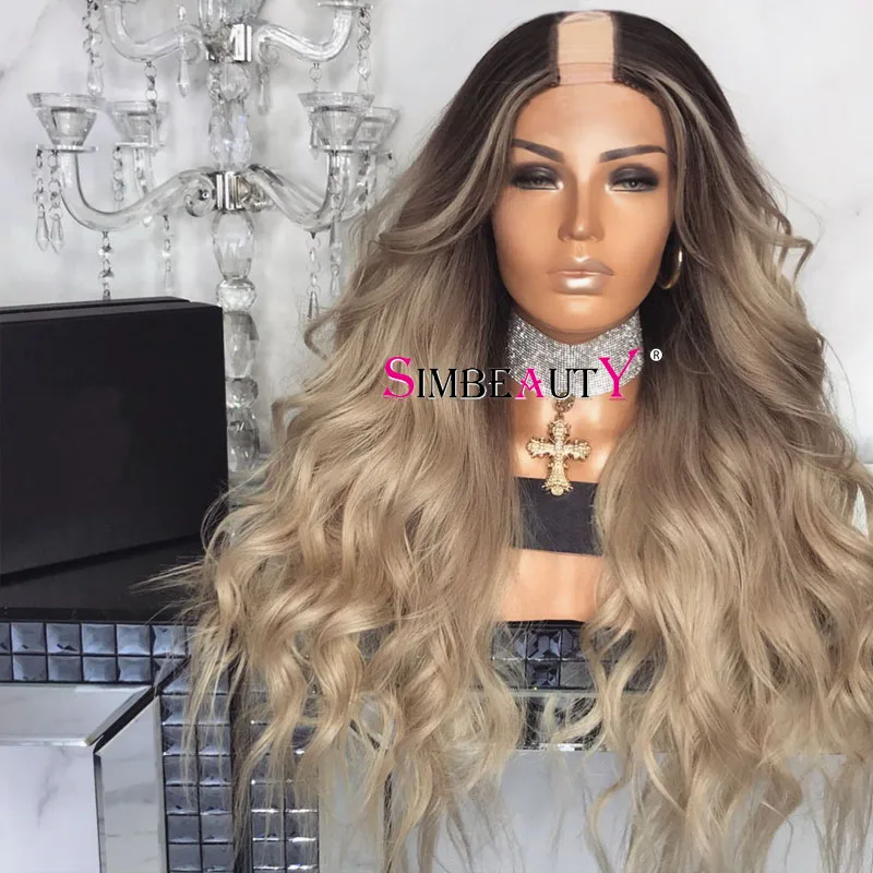 Dark Roots Light Ash Blonde Wavy 1X4 U Part Human Hair Wigs for Women Glueless Highlight Blonde Opening U Part Wigs with 6Clips