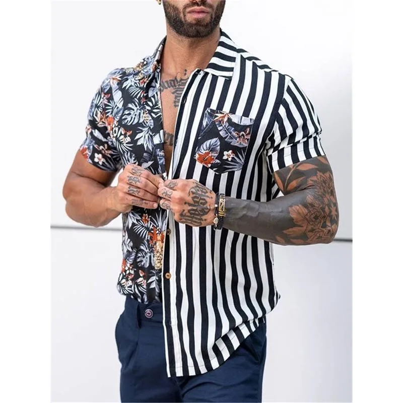 summer beach stripe print short sleeve shirt men fashion hip hop streetwear designer blouses men tops hawaiian shirts man