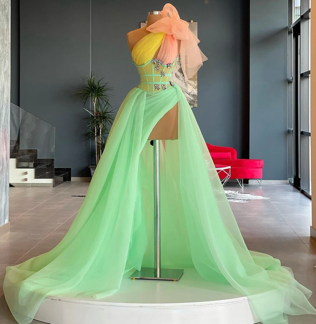 

Real Image Crystals Long Prom Gowns Mint Green Boning Lush Princess Bow Party Dress Formal Dresses Tulle Custom Made
