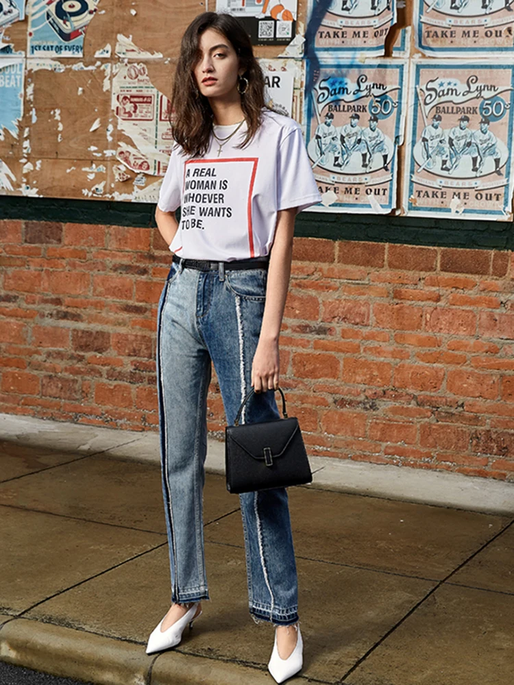 [EAM] женские джинсы с высокой талией и контрастной строчкой синие стильные брюки