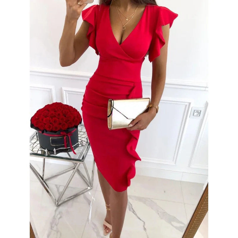 

GLAUKE V-Neck Slim Dress Ruffle Short Sleeve Bodycon Knee-length Dresses For Women 2022 Casual Summer Woman Work Dress