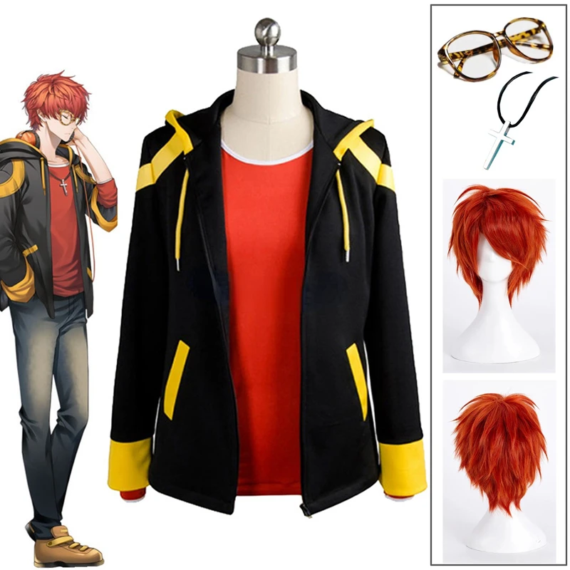

Mystic Messenger 707 Косплей Костюм Saeyoung Choi Косплей куртка на молнии лушер семь толстовок 707 Красная футболка короткий оранжевый парик