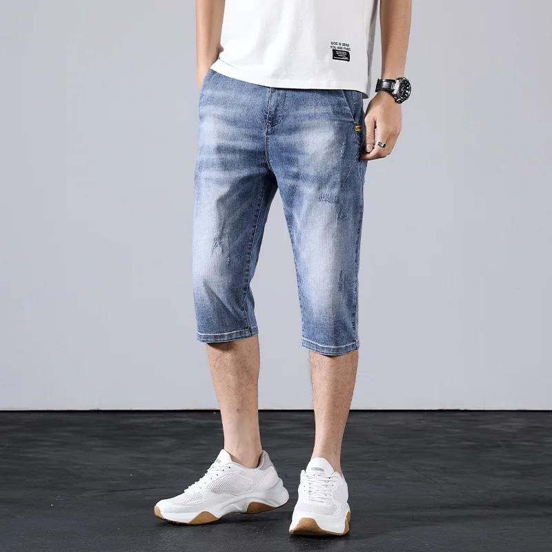 

Мужские джинсовые шорты, Летние удобные эластичные мешковатые джинсовые шорты, синие, черные мужские свободные шорты для отдыха