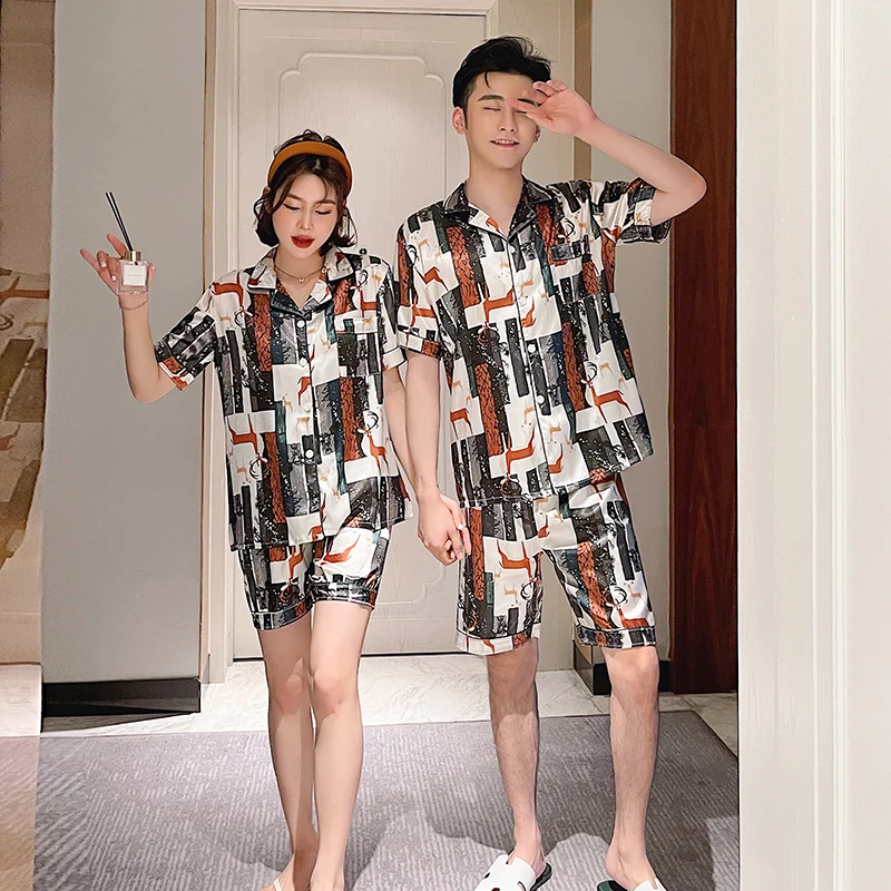 

Summer Luxury Satin Silk Pajamas Suit For Couple Sleepwear Set Family Pijama Lover Night Suit Men & Women Casual Home Clothing