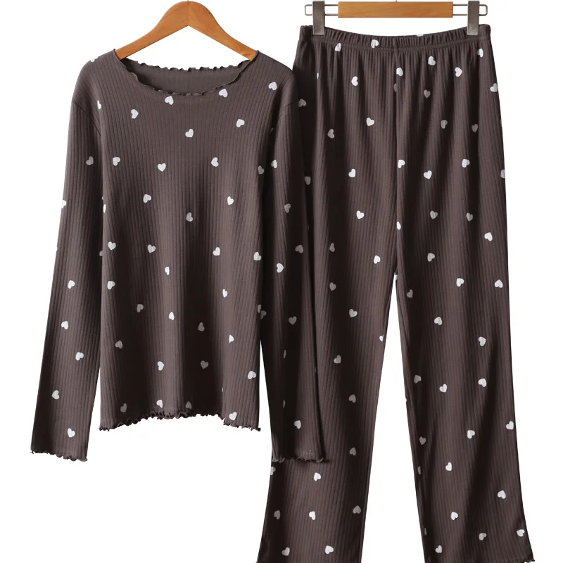 

Японская Повседневная Домашняя одежда, пижамные комплекты, топ с круглым вырезом и длинным рукавом с принтом сердец, одежда для сна + широкие штаны с высокой талией, нижнее белье