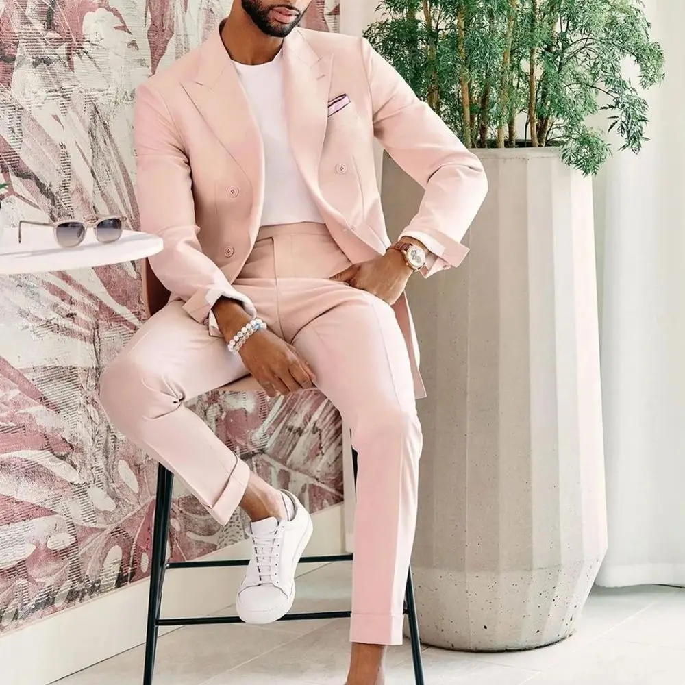 Traje de boda rosa para hombre, traje ajustado de 2 piezas, traje Masculino de novio, 2022