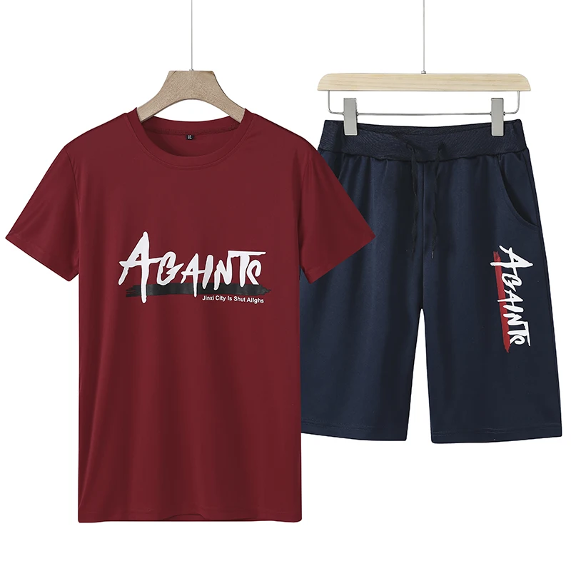 AGAINTC 2piece-set Men's Tracksuit Casual Print Crewneck T-shirt and Shorts