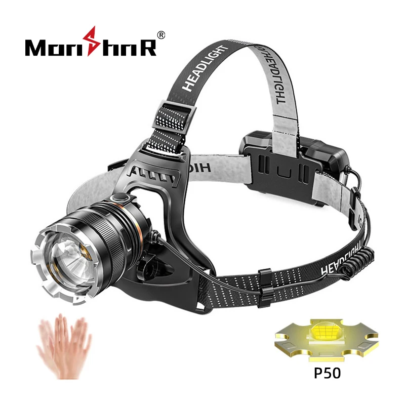 

MONHNR High Power LED Headlamp Zoomable Sensor XHP50 Super Bright Headlight Outdoor Flashlight USB Rechargeable Fishing Light