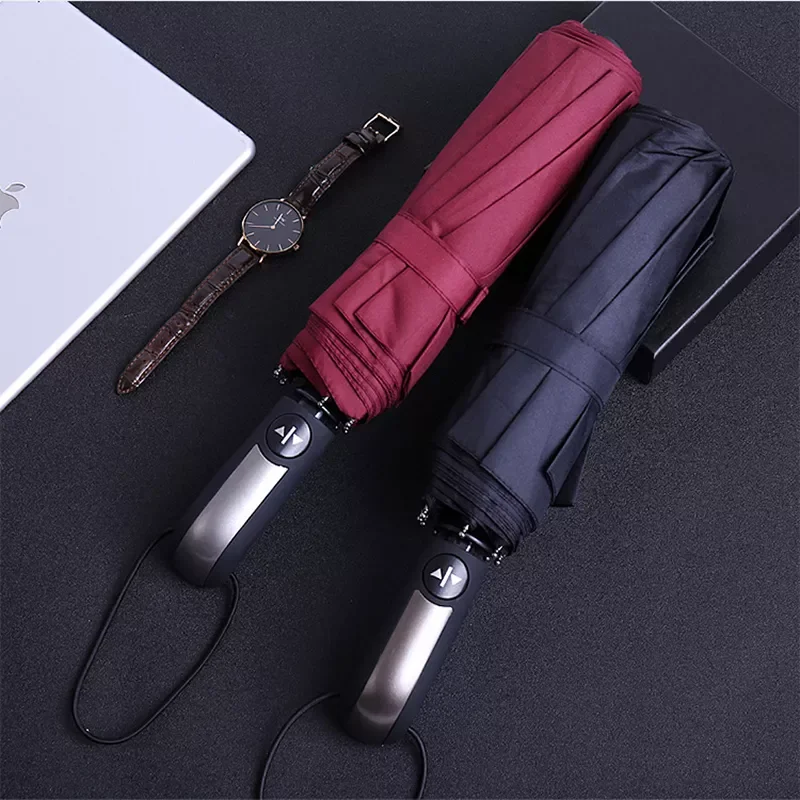 Resistant Fully-Automatic Three Folding Umbrella Ten Bone Auto Large Windproof Business Umbrella Rain Black Coating Parasol