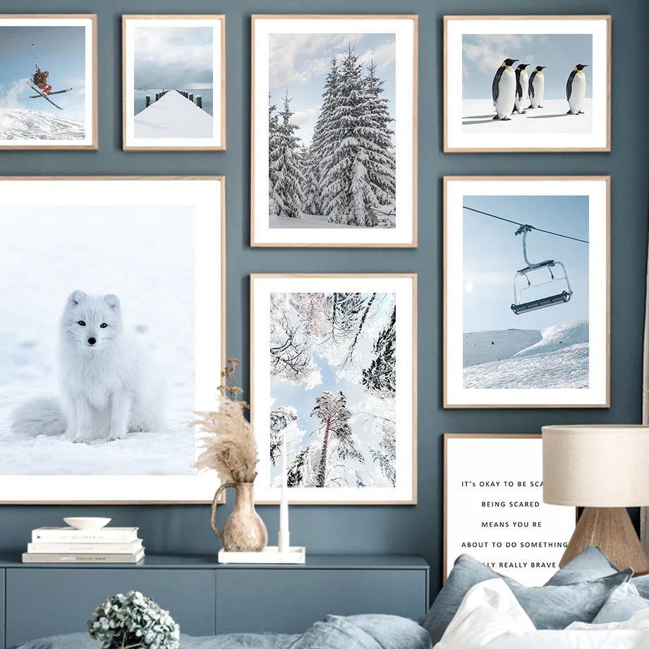 

Blue Winter Ski Pine Tree Arctic Fox Chalet Wall Art Canvas Painting Nordic Posters And Prints Wall Pictures Living Room Decor