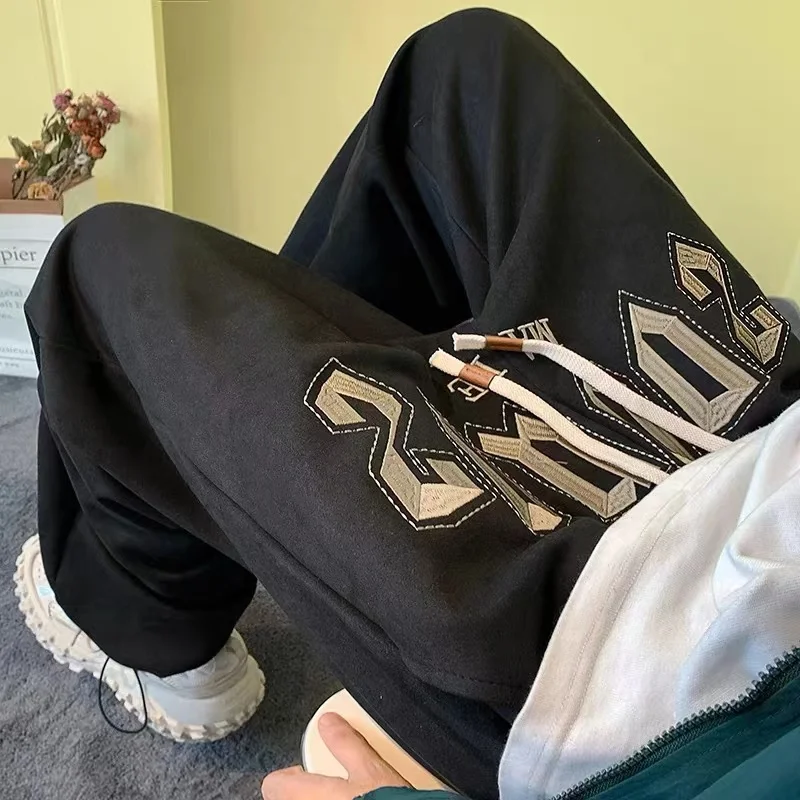 

Black Slacks Letter Embroidered Heavy Industry Street-style Drawstring Leggings Cargo Pants Women Hip Hop Gothic Sweatpants Men
