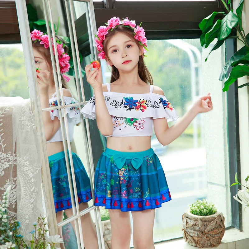 

Encanto Cosplay Mirabel Two Piece Bikini Suits for Girls Swimsuit Children Swimwear Bathing Suit Princess Cinderella Tiana Dress