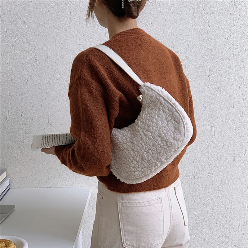 

Women Top-handle Bag Single Shoulder Underarm bag, Cashmere Surface Solid Color Casual Hanging Portable Package, 4 Colors