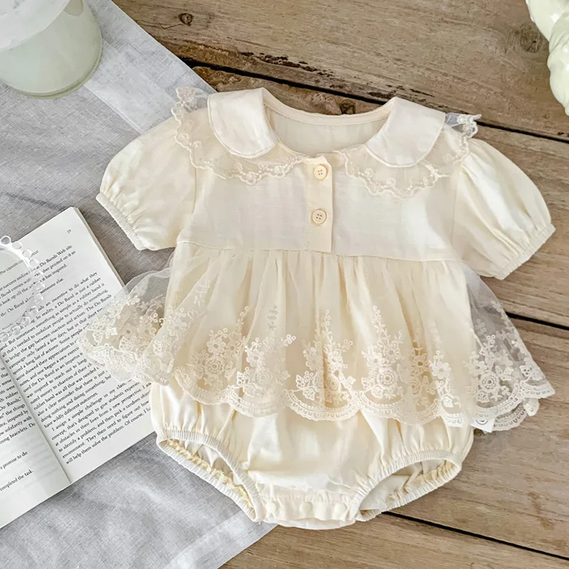 

Детский хлопковый комбинезон с кружевом, с коротким рукавом