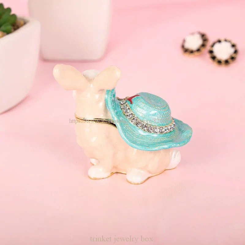 Rabbit with Floral Hat Trinket Boxes Hinged Enamel Hand-Painted Animals Ornaments Unique Gift