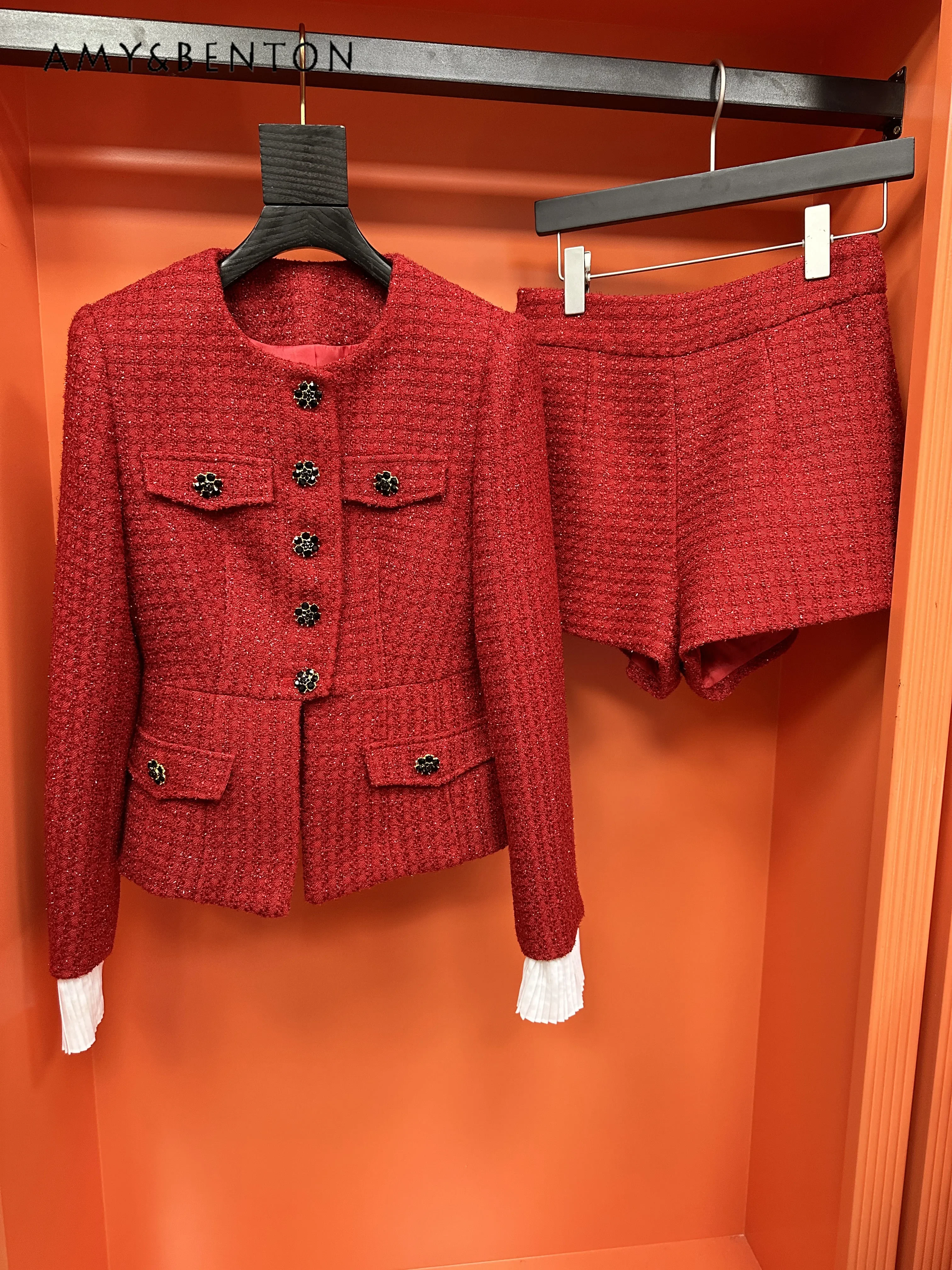 Осень-зима изящный светский красный твидовый комплект из двух предметов офисная
