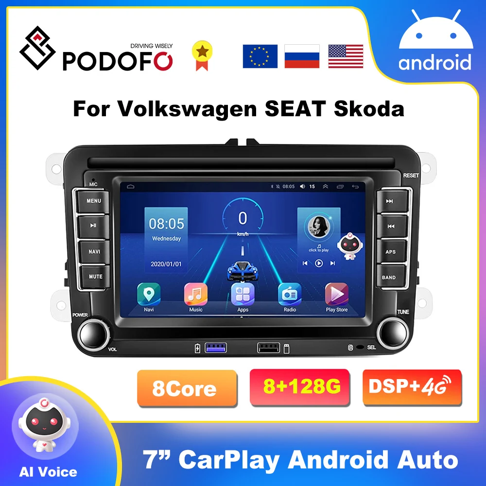 $95.90 Podofo AI Android 10.0 For VW Volkswagen Golf Polo skoda rapid octavia Tiguan Passat b7 2 Din Car Multimedia Player GPS Radio