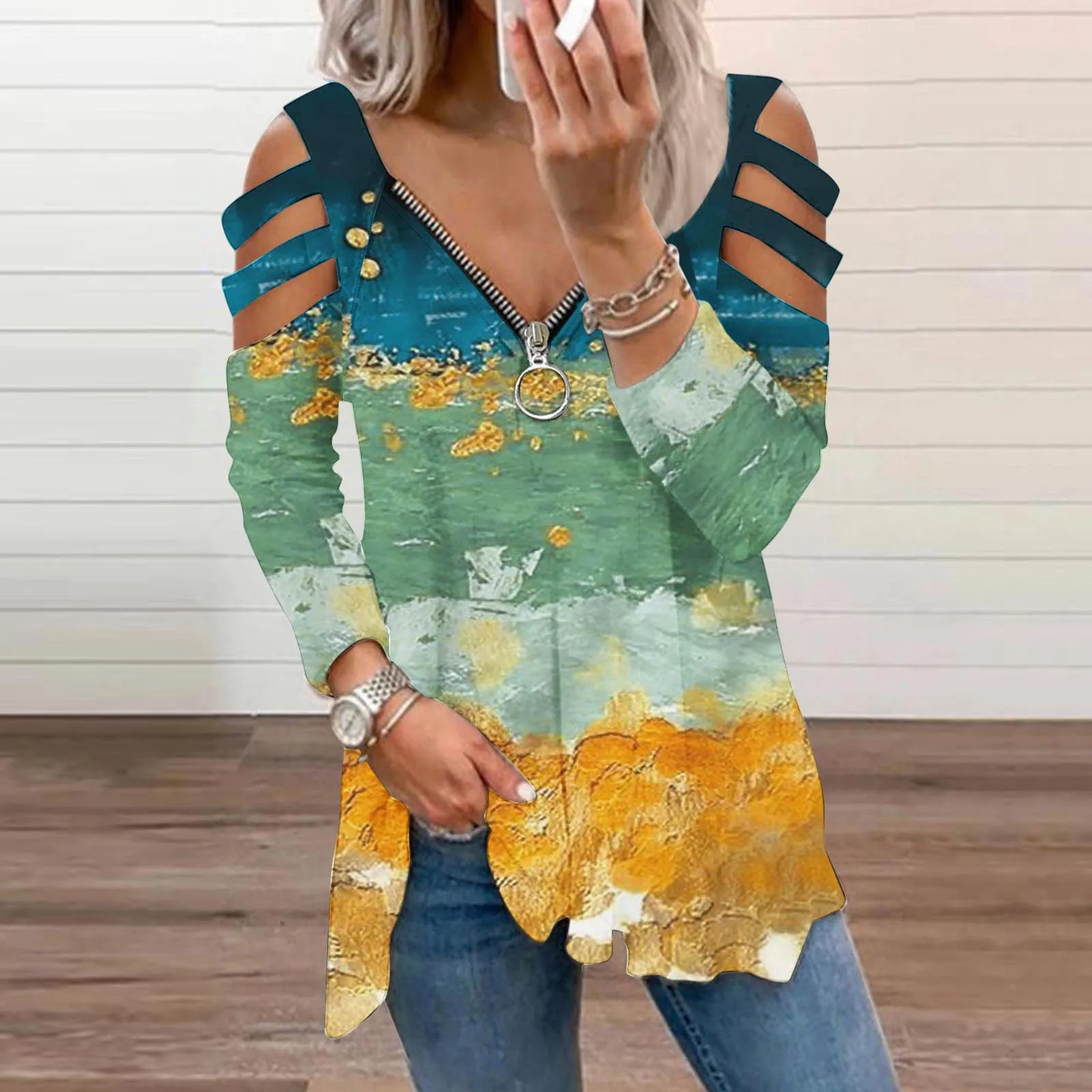 

Women Western Shirt Long Sleeve Zipper Pullover Color Block Stitching V Neck Casual Top Lightweight Long Sleeve Shirt Women