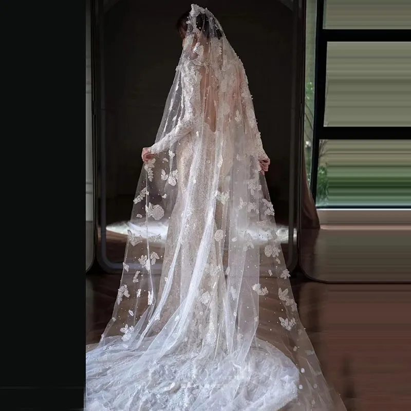 

Bridal Wedding Mori Style Veil Headdress Heavy Industry Pearl Lace Luxury Super Long Tail Soft Veil Trip Shoot Vintage Mariage