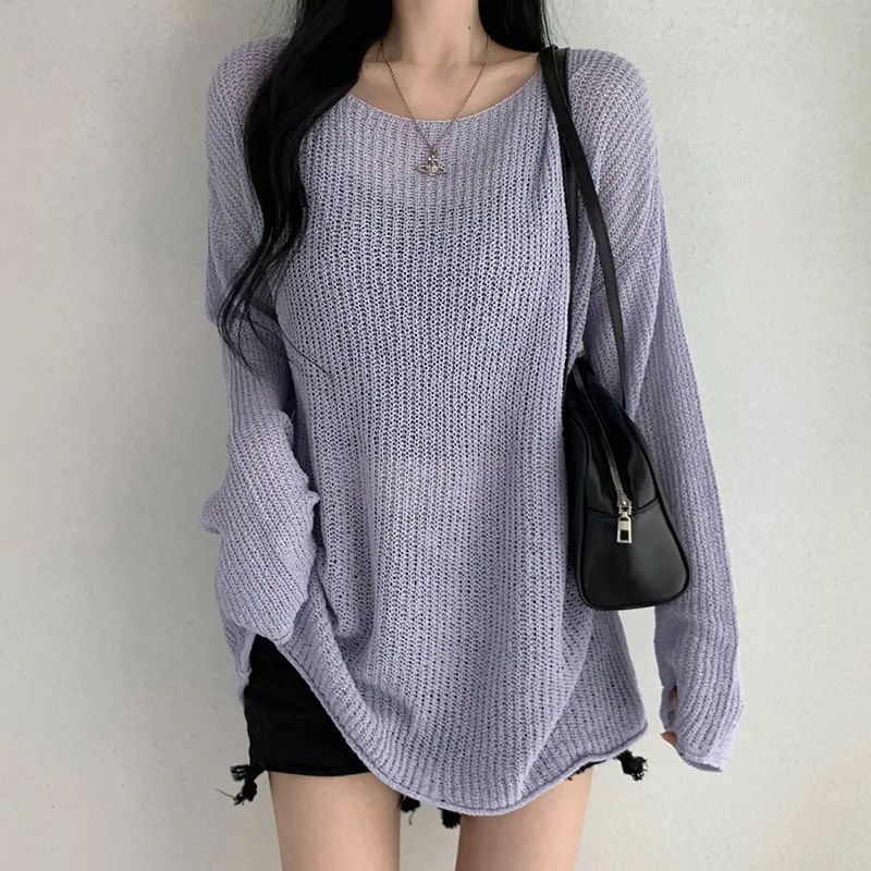 

Lady's Domestic Made Soft Lip Neck Loose Fit See-through KNIT Summer Autumn Bookle Knit Tee