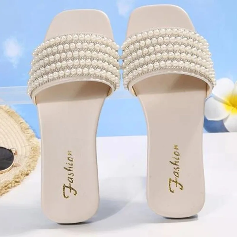 2023 Women Rhinestone Faux Pearl Decor Flat Sandals Glamorous White Slide Sandals Summer Outdoor Beach Sexy Woman Slippers