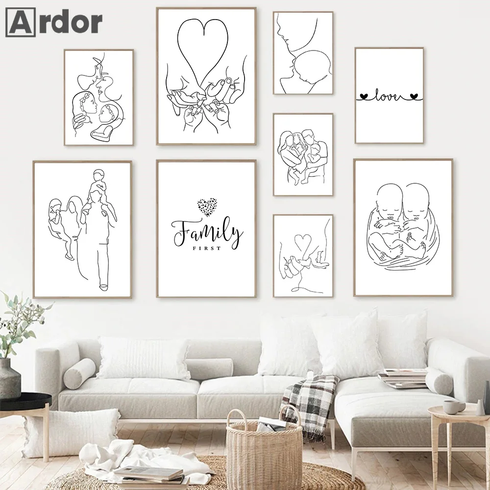 

Kiss Hand Posters Family Portrait Abstract Line Drawing Print Dad Mom Son Daughter Wall Art Canvas Painting Pictures Home Decor