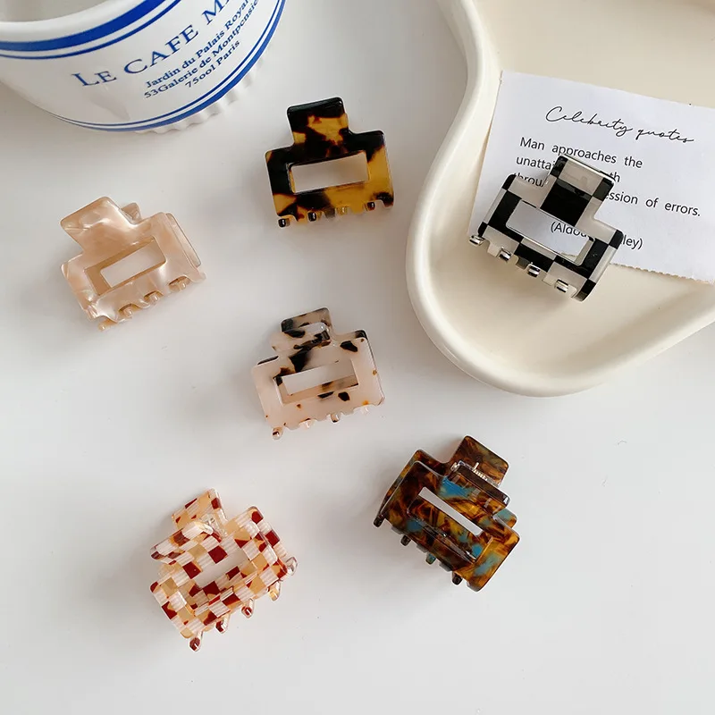 

Korean Version Of The New Mini Square Hollow Out Checkerboard Hair Clip Creative Acetate Small Hair Shark Clip For Woman Girls