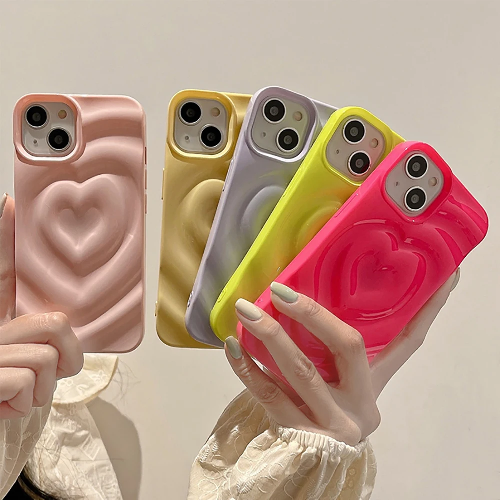 

3D Cute Heart Love Candy Color Shockproof Phone Case For iPhone 14 11 12 13 Pro Max Fluorescent Color Soft Back Cover Case