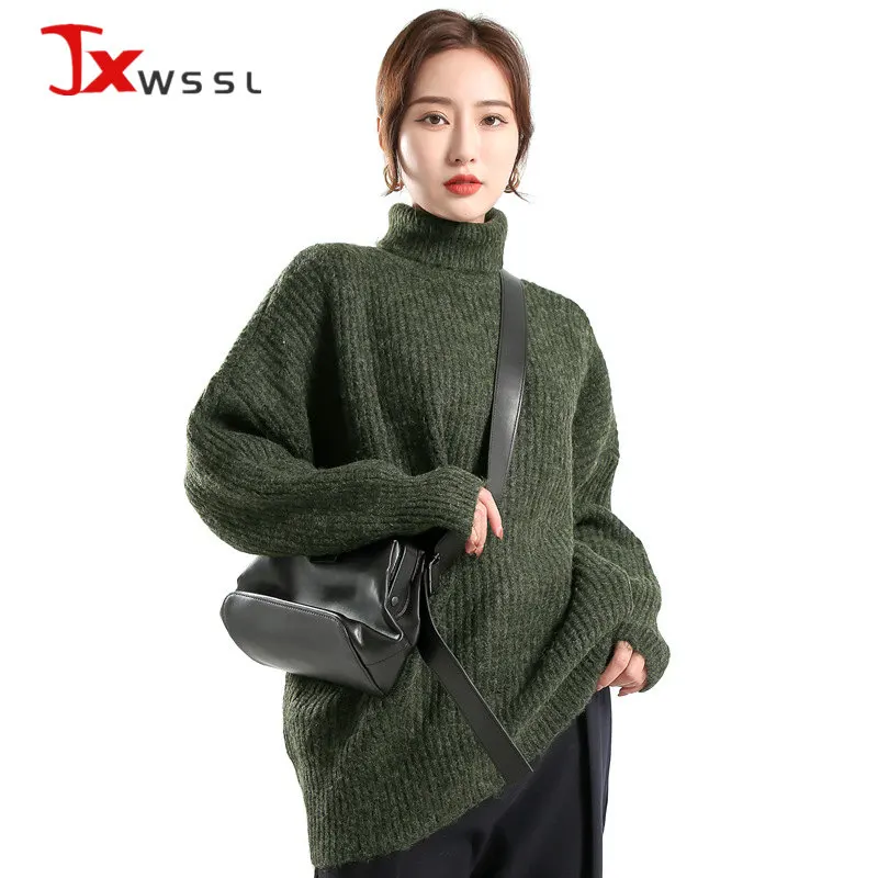 Dark Green Retro Turtleneck Sweater Ladies Winter Thick Warm Top Fashionable French Lazy Loose Knit Pullover Sweater For Woman