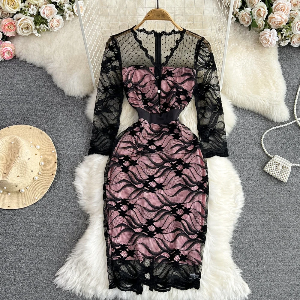 

Summer Haute Couture Style Long Sleeved V-neck with Waistband and Slim Lace Slit Wrap Buttocks Dress