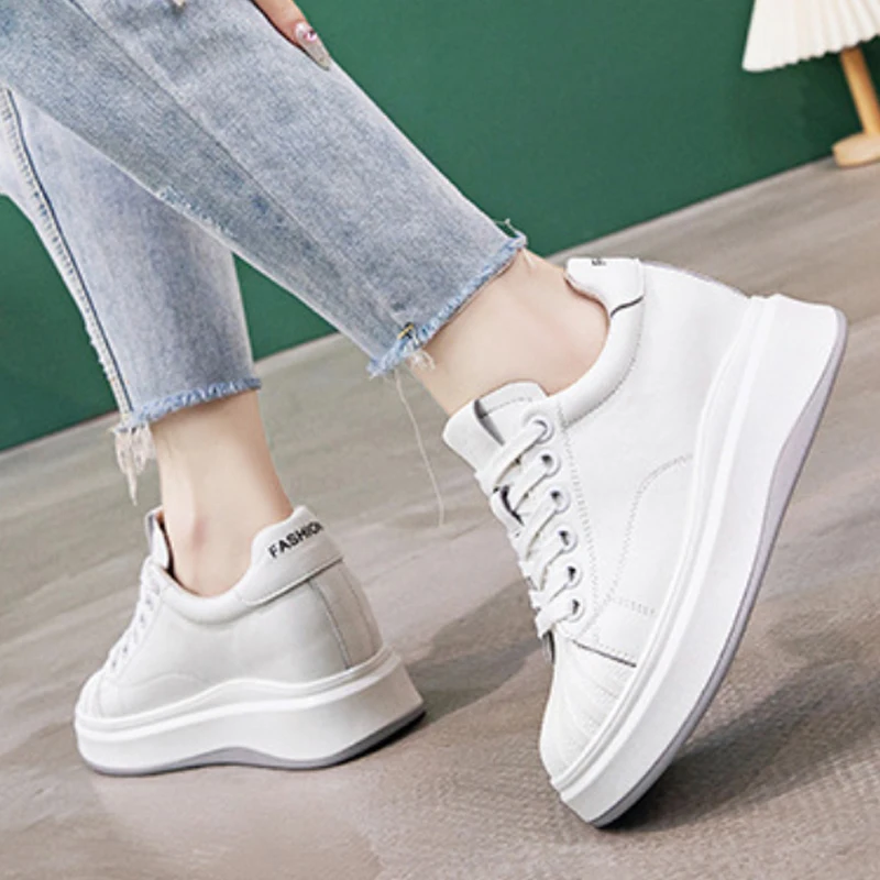 2023 Genuine Leather 8cm New Platform Chunky Sneaker Casual Hidden Heels Spring Summer Autumn Comfy Breathable High Brand Shoes