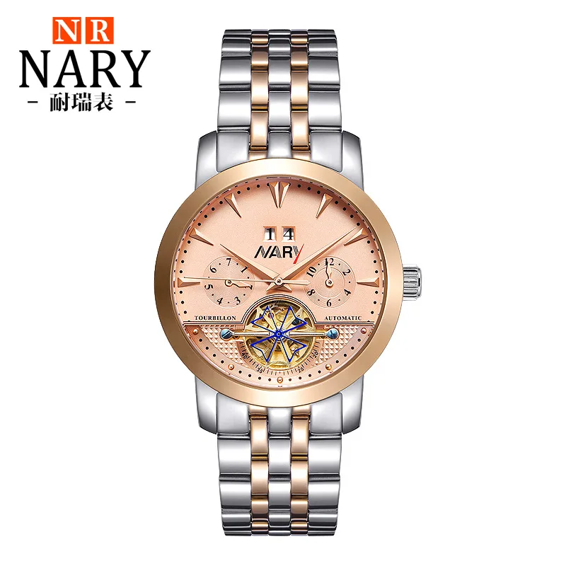 

NARY Luxury Business Men Watch Fully Automatic Mechanical Watch Steel Belt Hollowed Out Single Calendar Waterproof Wristwatch