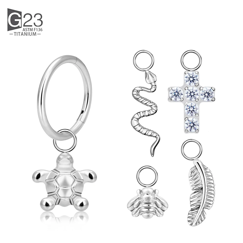 

G23 Titanium Hinged Segment Hoop Earrings CZ Paved Tragus Ear Lip Nose Ring Snake/bee/feather/ Tortoise /Dangle Piercing