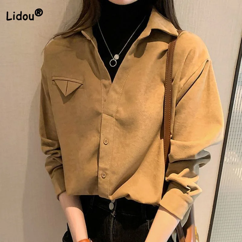 

Galling Thickening Autumn Winter Fashion Splicing Loose Blouse Women Office Lady Solid Turn-down Collar Button Long Sleeve Shirt