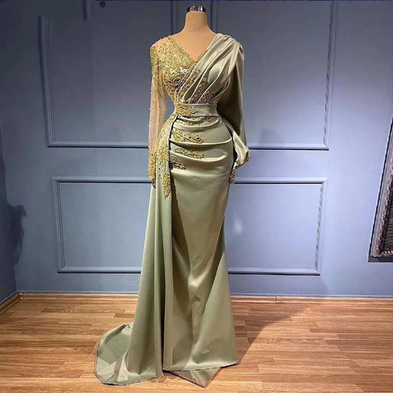 

vestidos de noche Long Sleeve Mermaid Prom Evening Dresses 2022 Beaded V Neck Party Gowns Special Occassion robe soirée femme