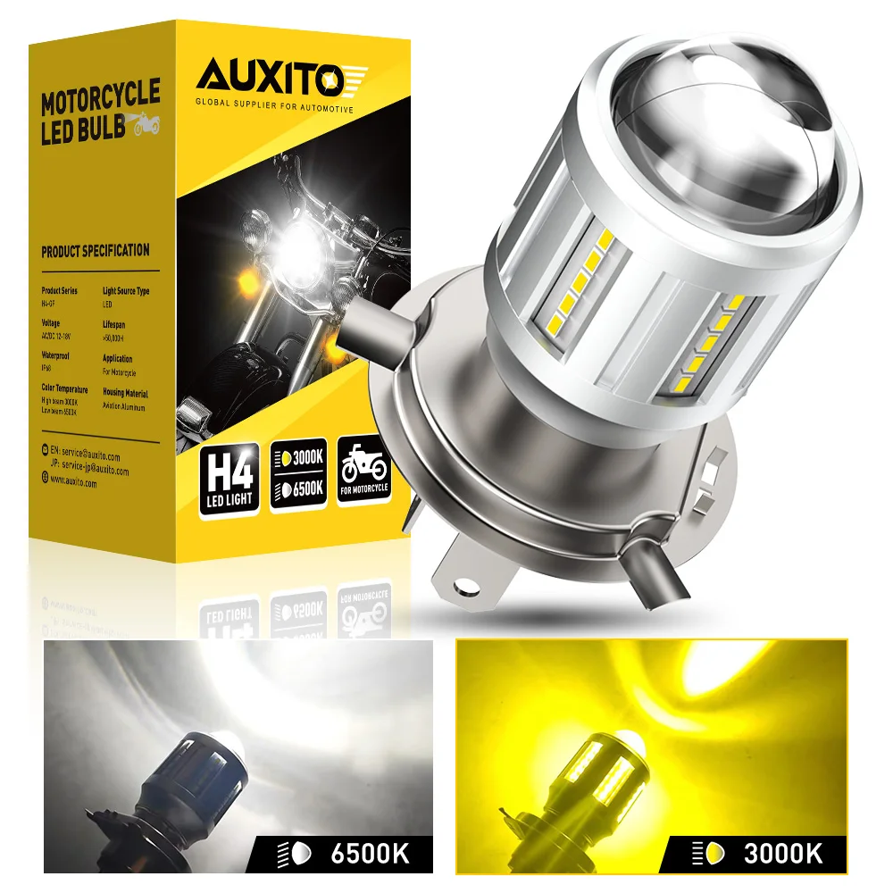 

AUXITO H4 мотоциклетные светодиодные светло-желтые белые прожекторы линзы проектора двухцветные дальний ближний свет 12 В скутер мото лампа для фар