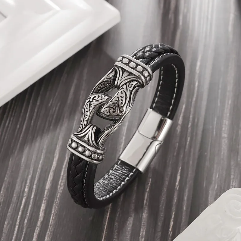 Fashion Nordic Viking Totem Bracelet Men's Engraved Leather Bracelet Vintage Biker Amulet Jewelry Gift Pulseiras Masculina
