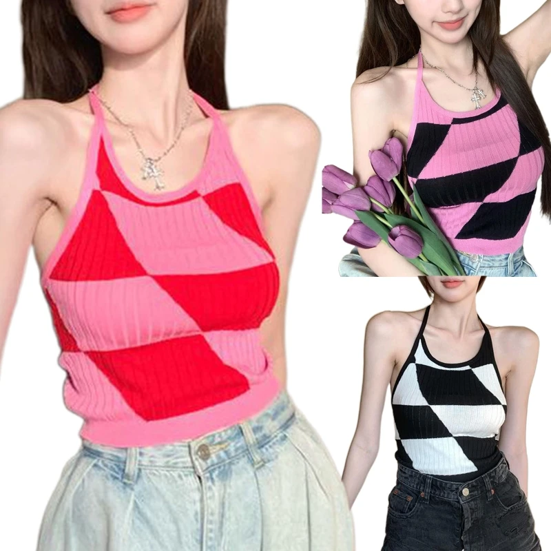 

Women's Halter Tops Color Block Knit for Tank Tops Sleeveless T-shirt Going out