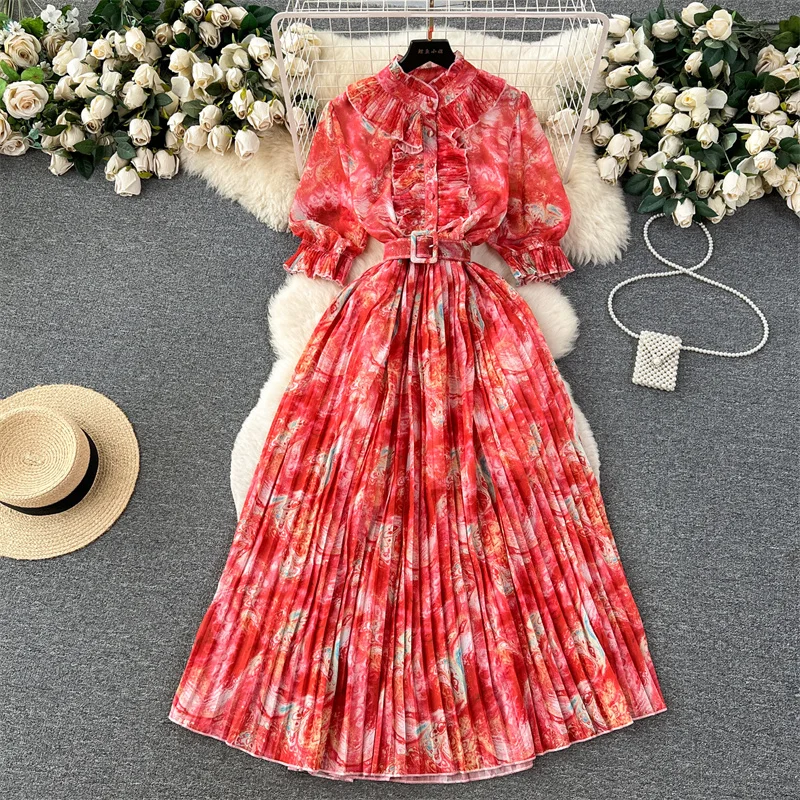 

Summer Vintage Mid-Length Stand Collar Print Dress With Sashes Women Elegant Vestidos Ruffles Tie-dyed Printed Pleated Dresses